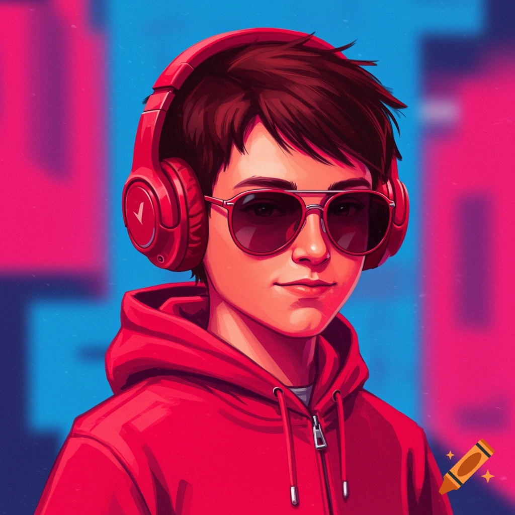 Pop art portrait of a young person wearing red headphones and sunglasses.