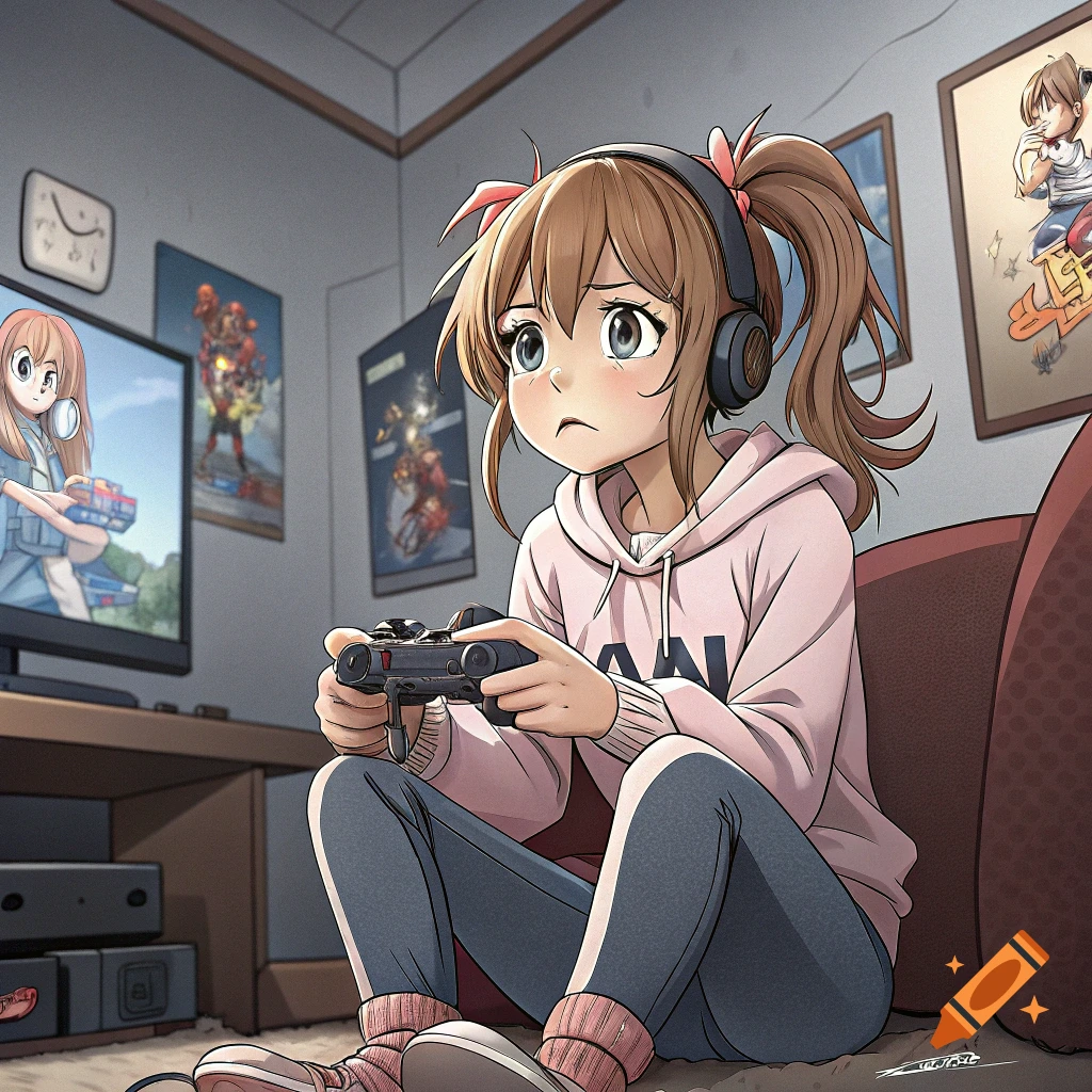Anime girl playing a video game with headphones in her room.