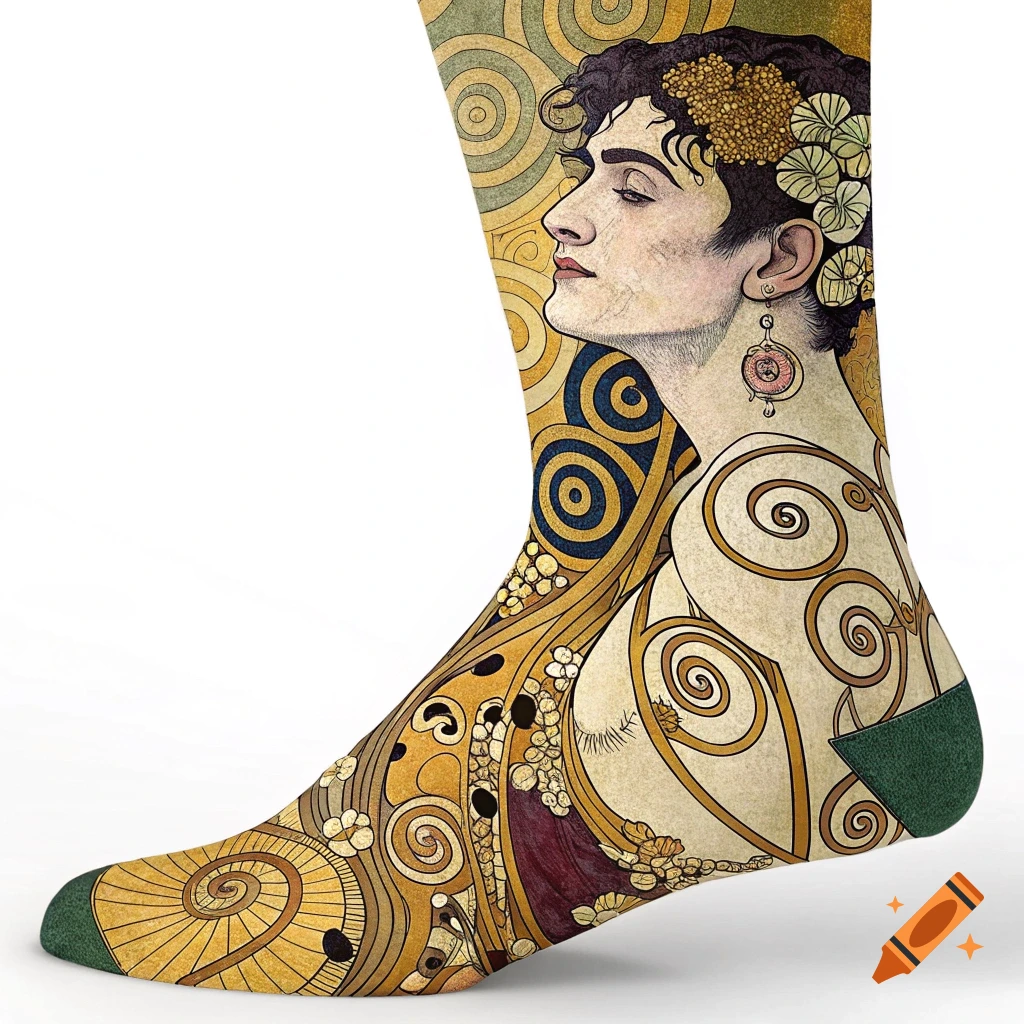 Sock with an Art Nouveau style illustration of a person's profile and decorative patterns