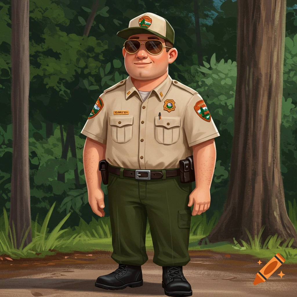 A cartoon illustration of a friendly Florida Park Ranger standing in a forest. He wears a tan shirt, green pants, sunglasses, and a cap.