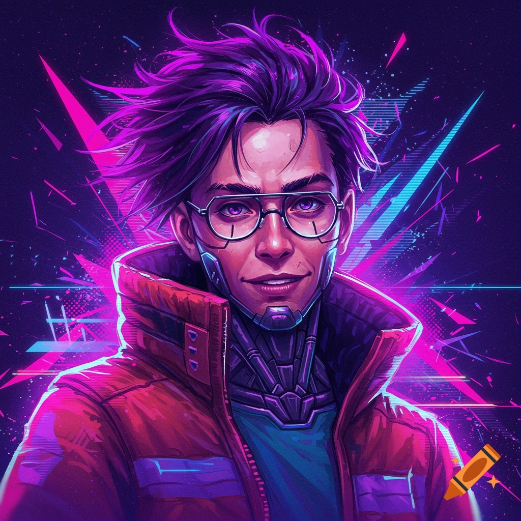 A neon-lit digital portrait of a person with purple hair, glasses, and a red jacket, in a cyberpunk style.