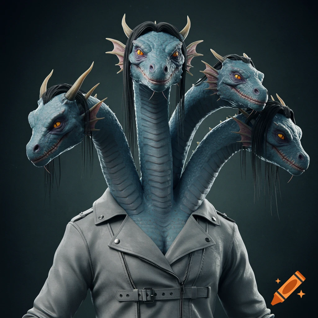 A creature with four blue hydra heads and dark hair wearing a grey leather jacket, in a 3D render style.