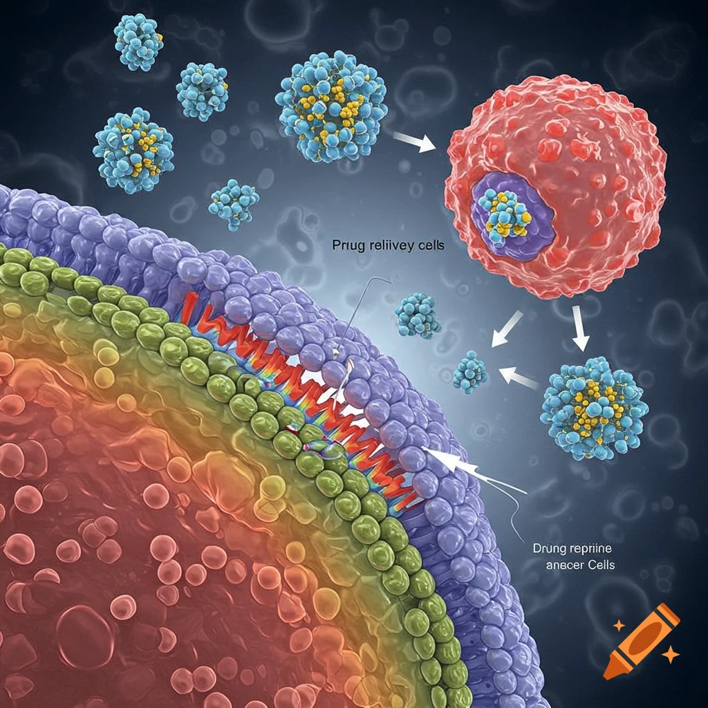 3D illustration of nanoparticles interacting with cells for drug delivery.