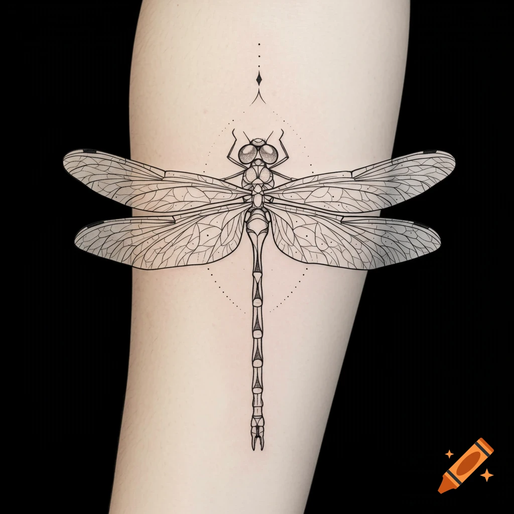 A detailed fine line drawing of a dragonfly on skin, suitable for a tattoo.