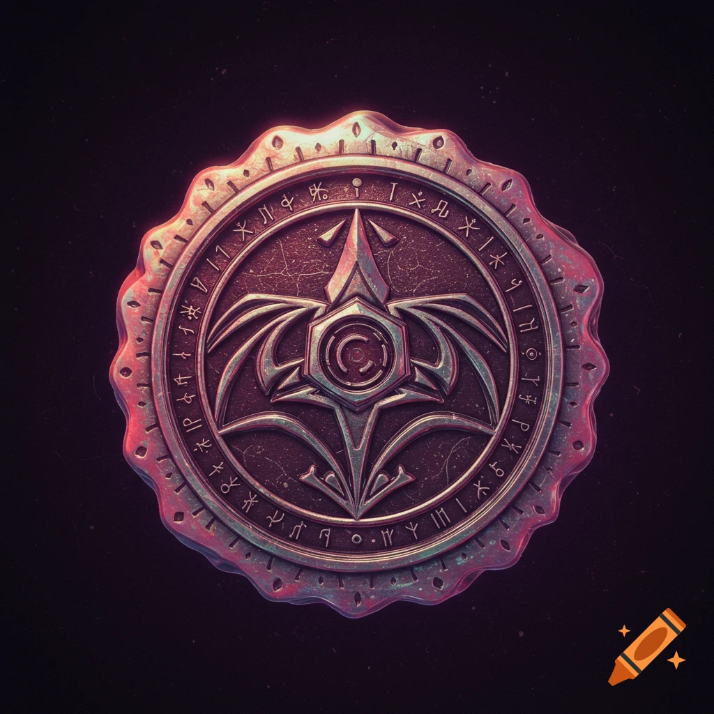 A stylized metallic fantasy seal or emblem with intricate symbols around the edge.