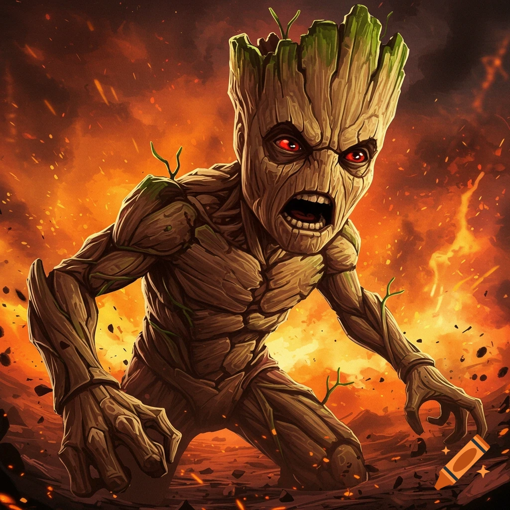 An angry Baby Groot in a fiery, explosive environment.