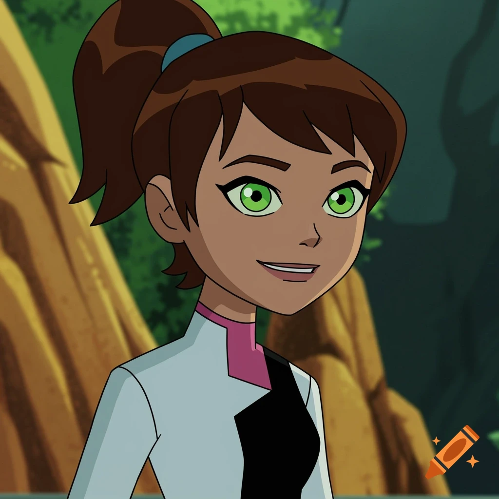 Illustration of Gwen Tennyson from Ben 10 smiling, with brown hair in a ponytail and green eyes.