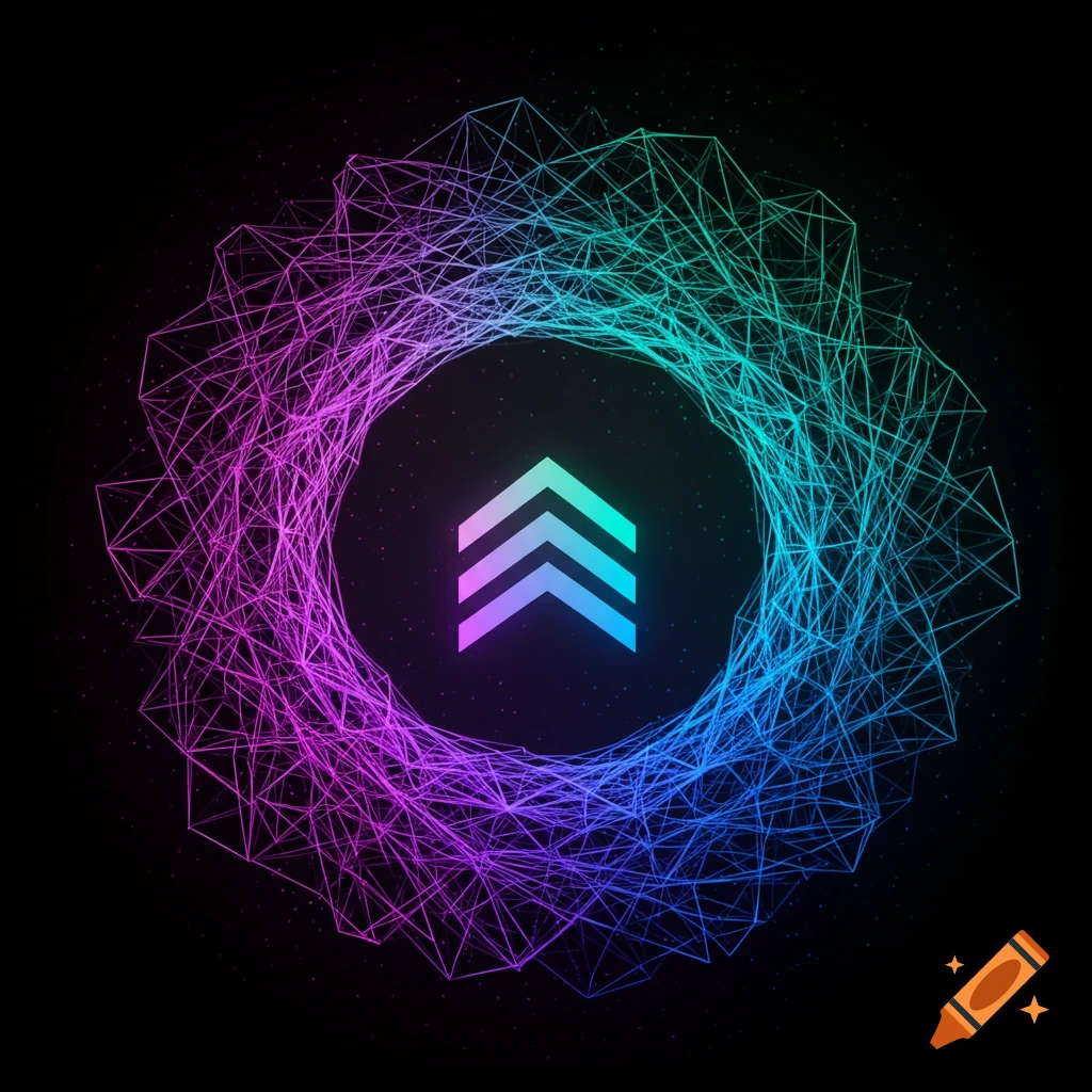 Glowing stacked arrows symbol within a swirling geometric wireframe on a dark background