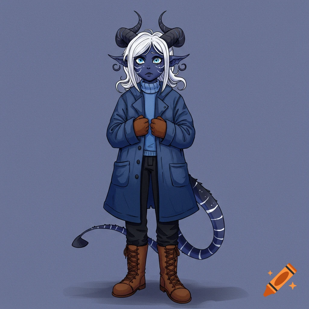 A blue-skinned fantasy character with horns and a tail wears a blue coat and boots.