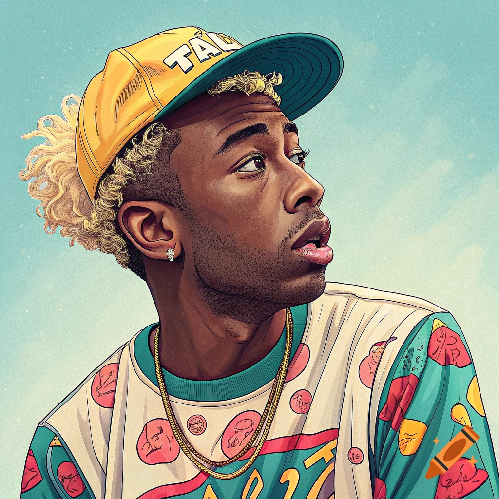 Stylized cartoon illustration of a man resembling Tyler, the Creator, wearing a yellow and teal cap and colorful shirt.