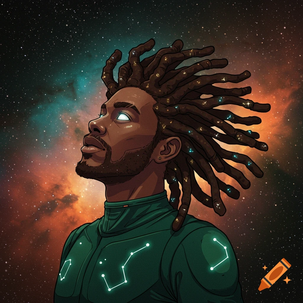 Illustration of a cosmic man with locs in a green suit looking up at a starry nebula.