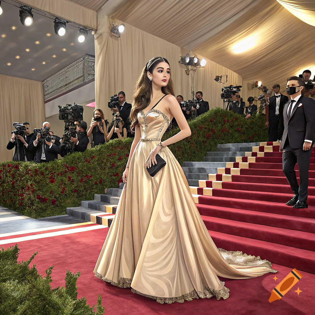 A woman in a flowing gold gown with ornate detail poses on a red carpet as photographers take pictures.
