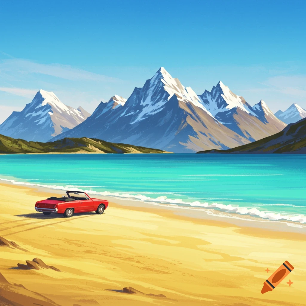 A red convertible is parked on a beach with mountains in the background and turquoise water.