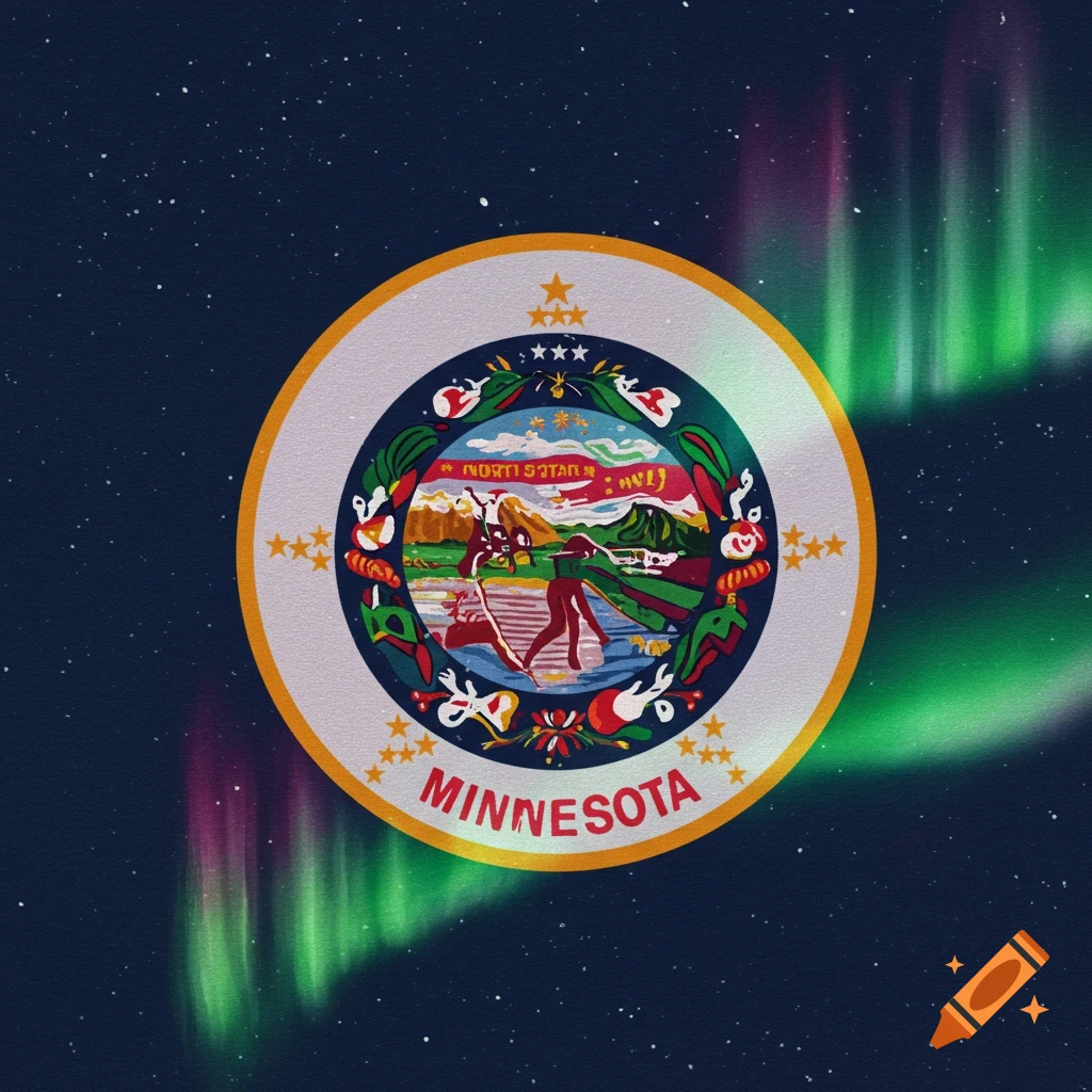 Stylized Minnesota flag emblem with aurora borealis against a starry sky.