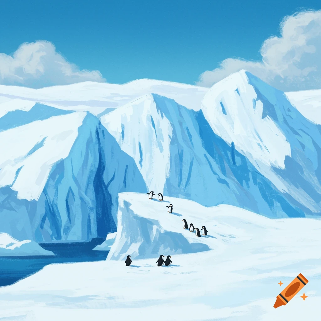 A group of cartoon penguins stand on a snowy hill overlooking water.  In the background, ice mountains rise under a blue sky.