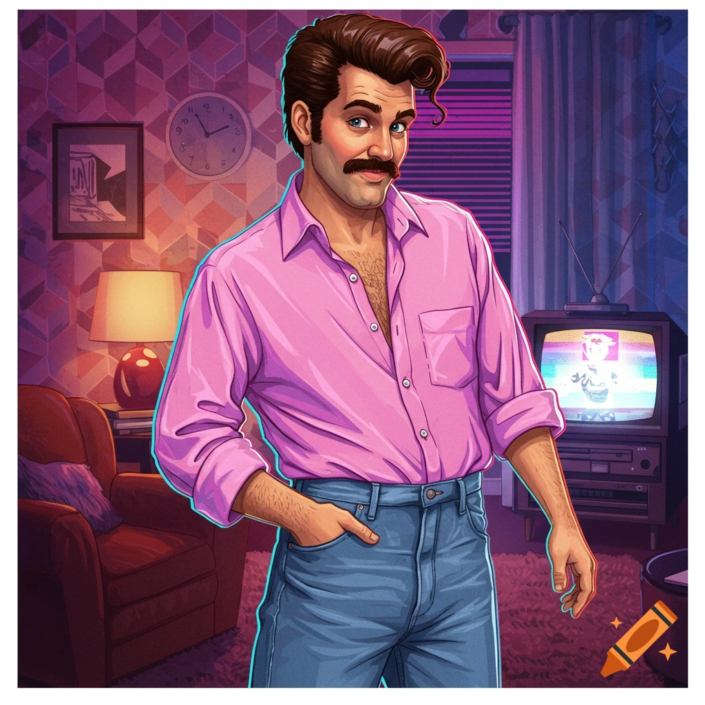 A man with a mustache in an 80s style room with a television.