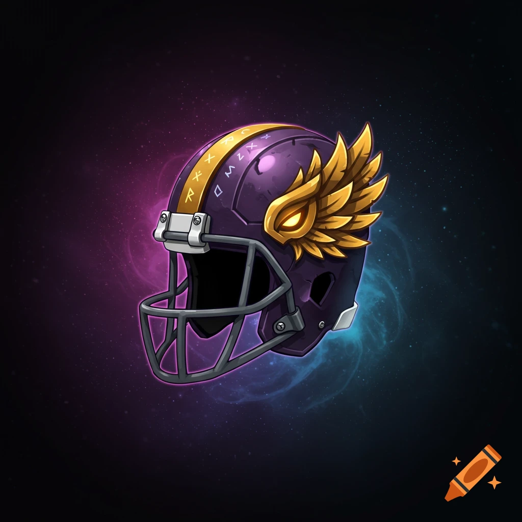 A purple fantasy football helmet with gold wings and glowing eye, decorated with runes.