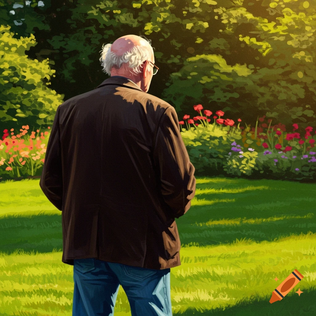 An old man is seen from behind, standing in a sunny garden filled with flowers.