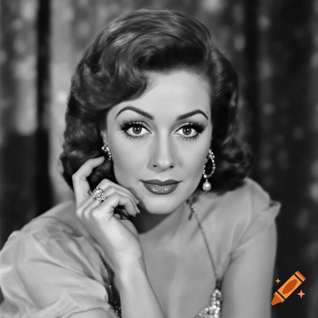 Black and white portrait of a woman with dramatic makeup and jewelry.