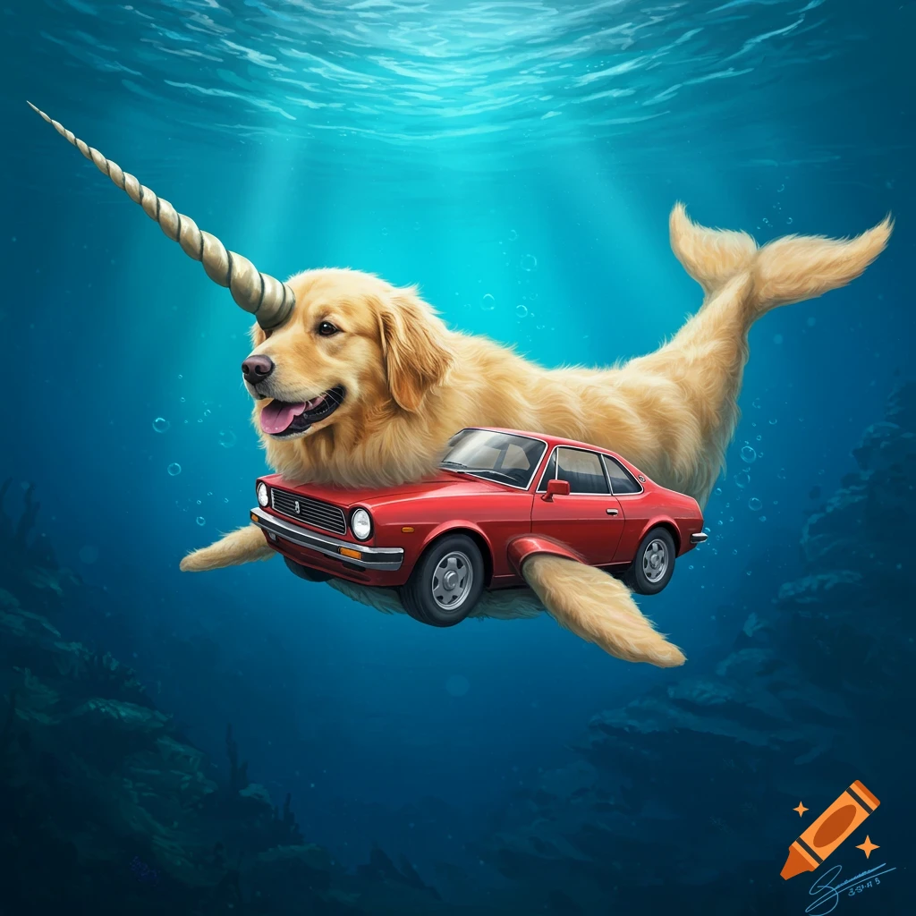 A creature underwater, with a golden retriever head, narwhal horn and tail, and a red car body in the middle.