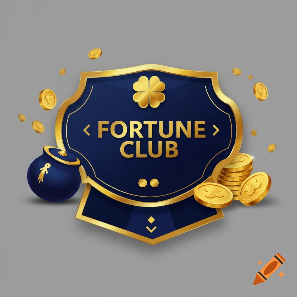 Blue and gold Fortune Club logo with clover, pot, and coins.