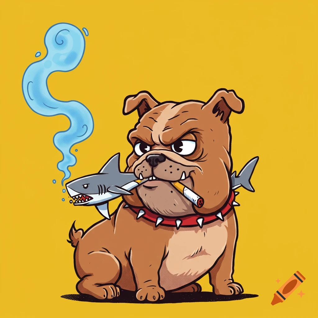 Cartoon bulldog with spiked collar smoking a shark shaped cigarette, blue smoke rising.