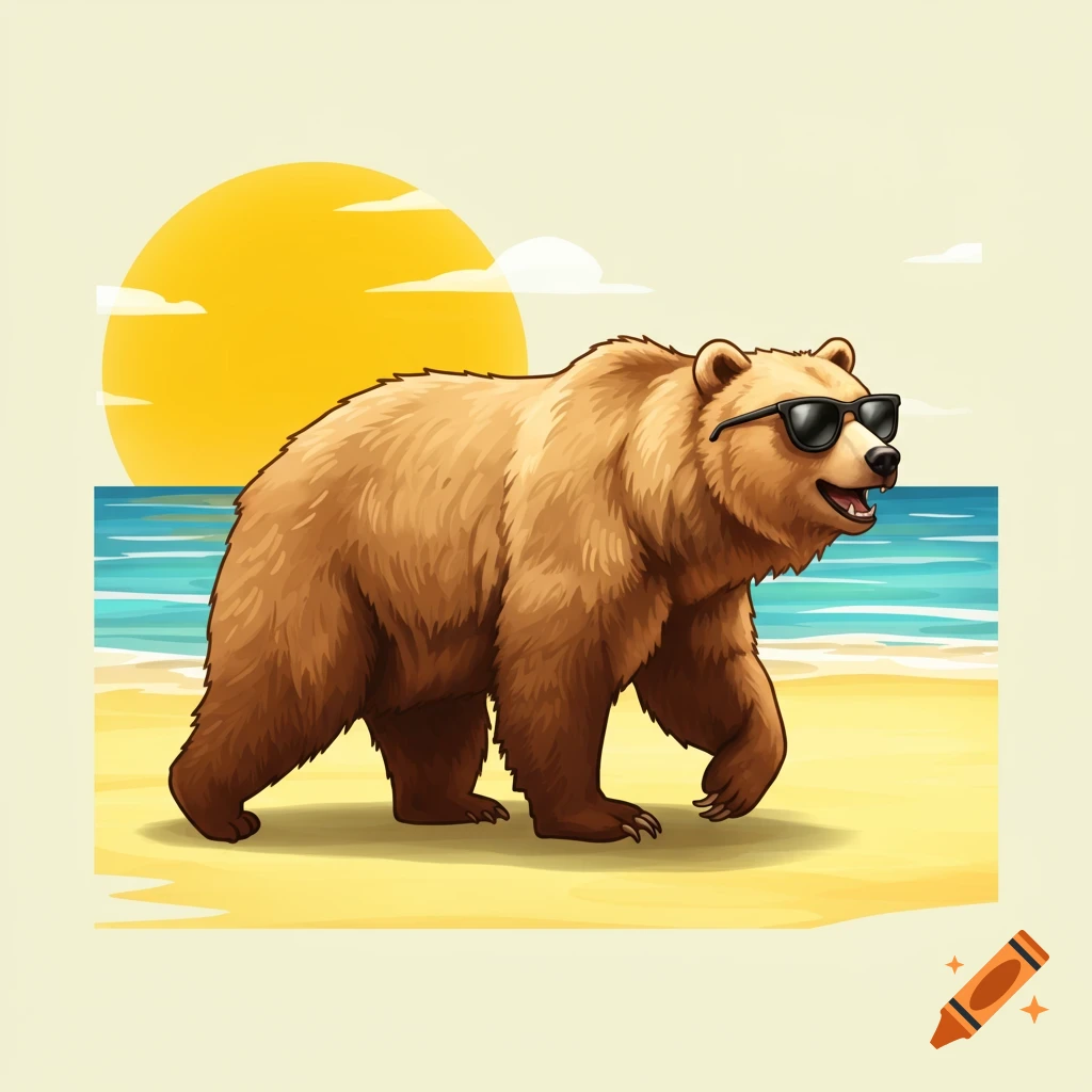 A cartoon bear wearing sunglasses walks on a sunny beach.