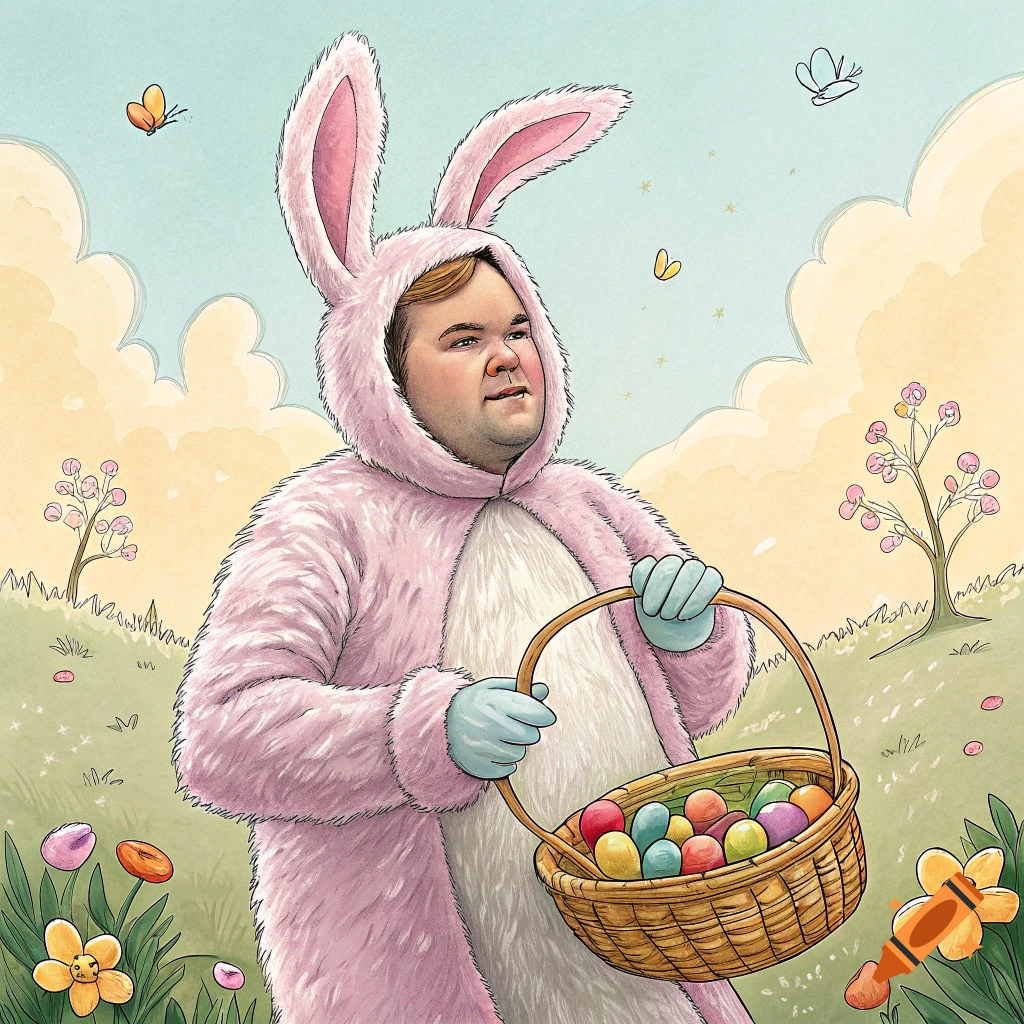 An illustration of a person in a pink bunny suit holding an Easter basket filled with colorful eggs in a field of flowers.