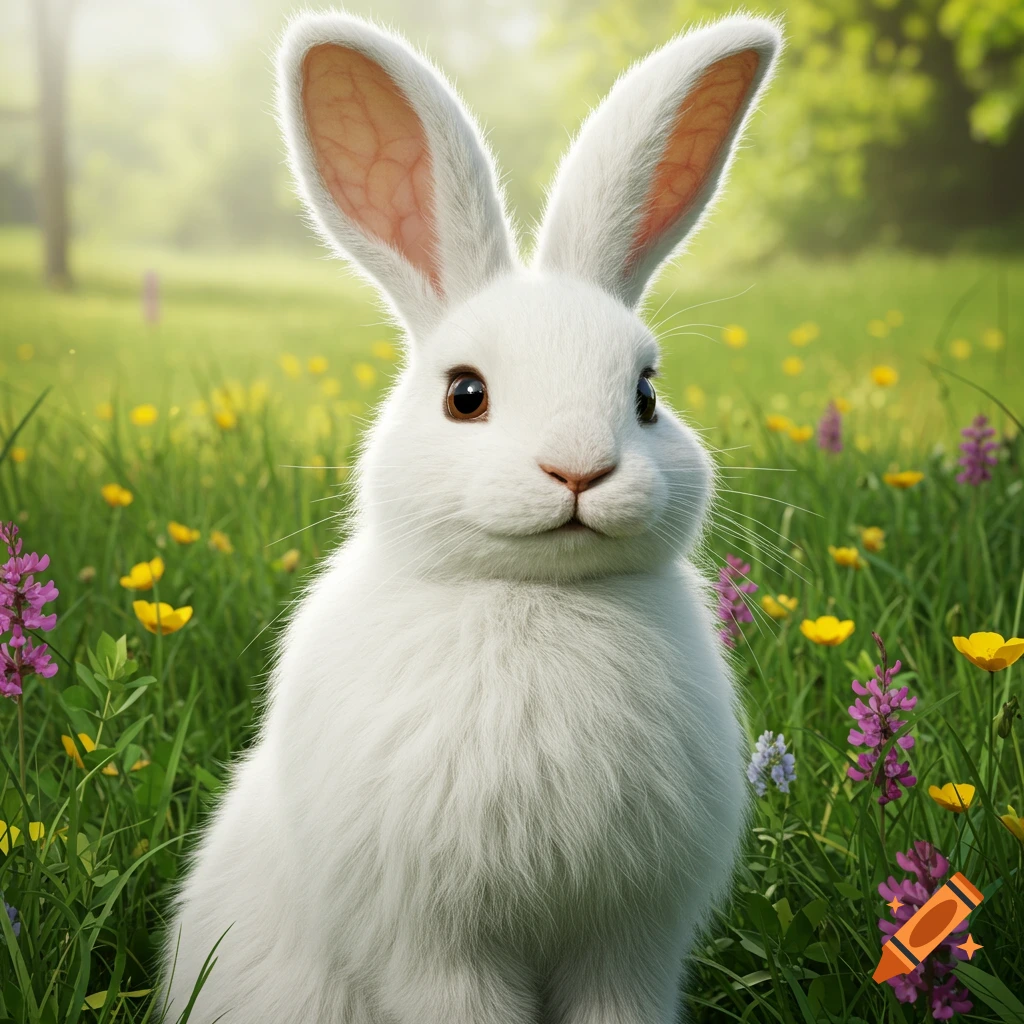 A realistic white rabbit sits in a field of green grass and colorful flowers.