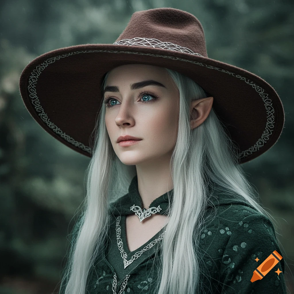 Portrait of a female elf with long white hair, blue eyes, wearing a hat and fantasy costume in a forest