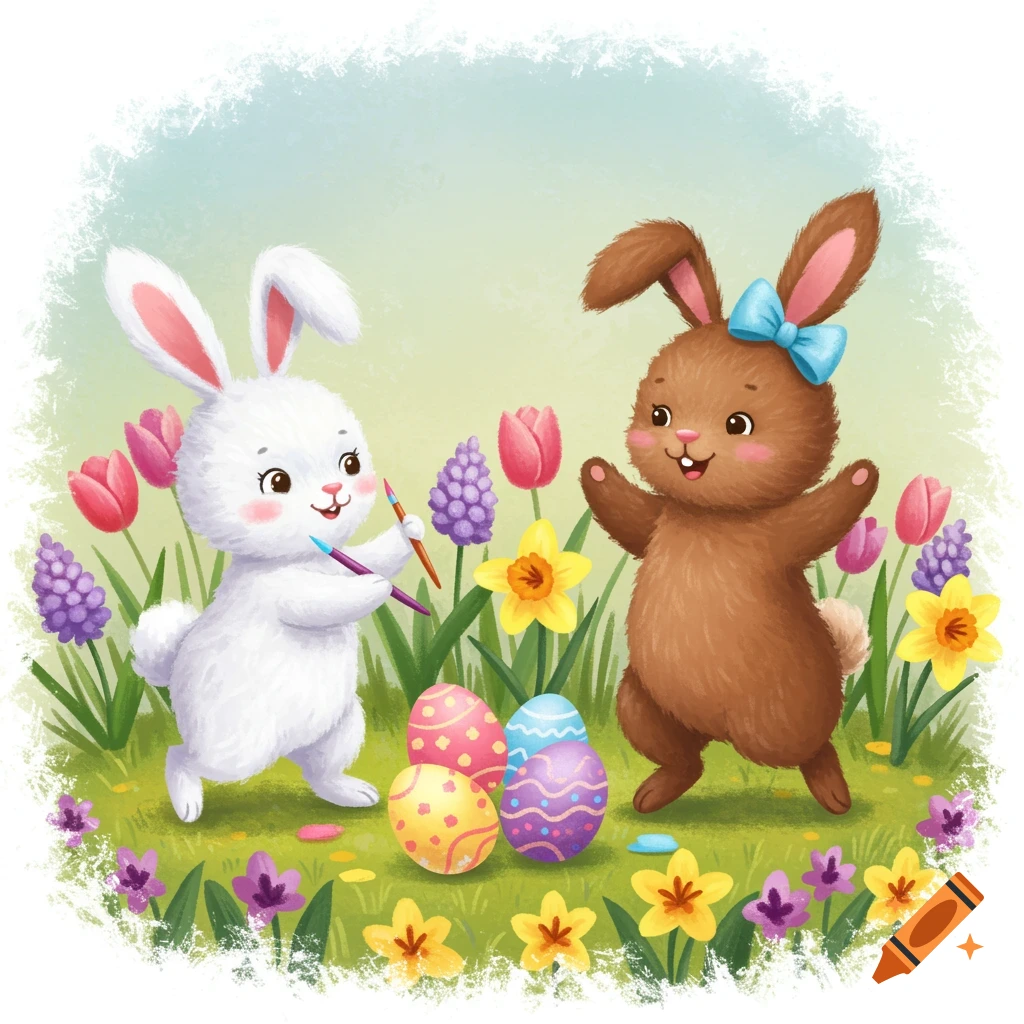 Two cute Easter bunnies, one painting eggs, the other hopping, in a field of spring flowers.