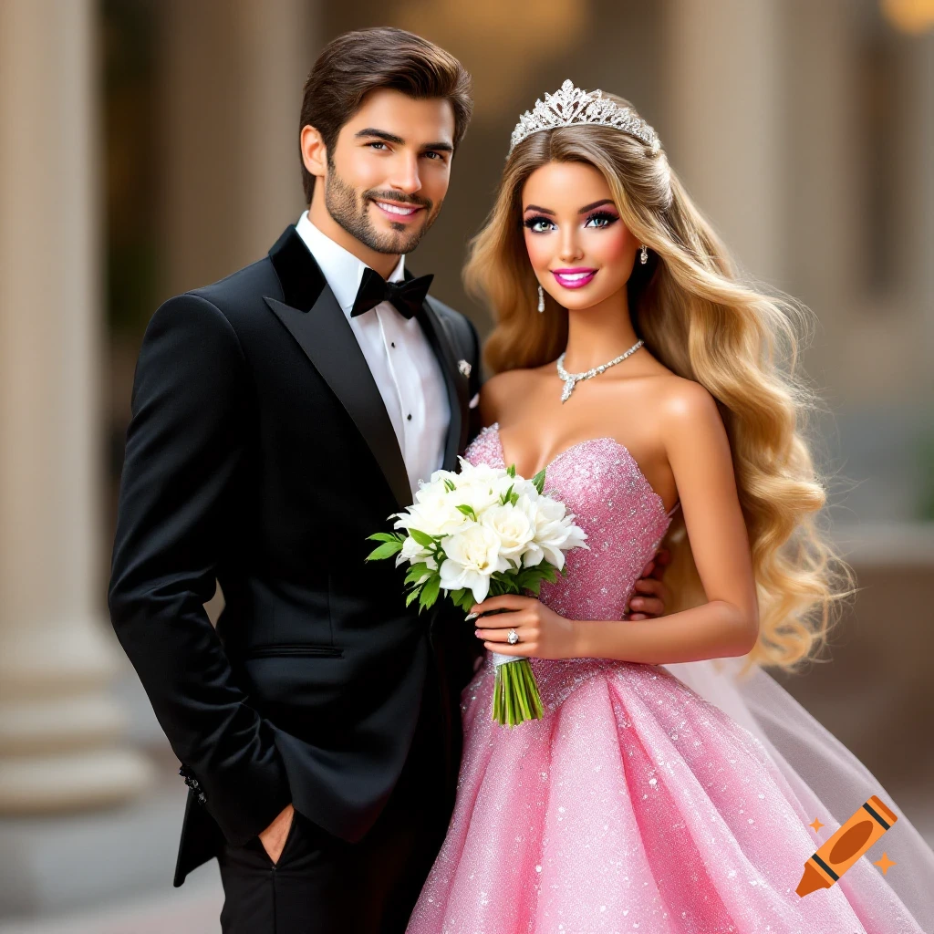 A couple dressed as dolls, the woman in a pink sparkly dress and tiara, holding a bouquet, next to the man in a black tux.