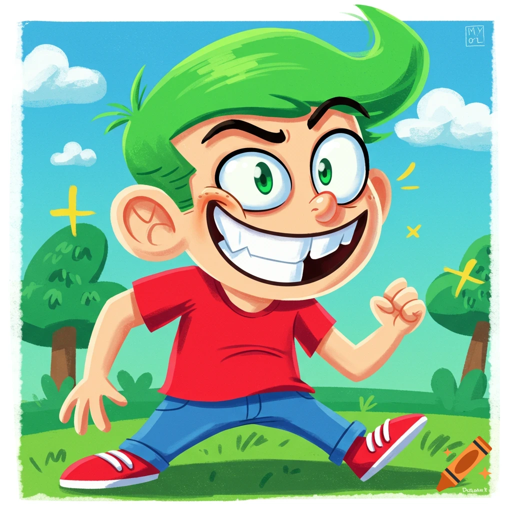 Cartoon illustration of a boy with green hair running and smiling in a park.
