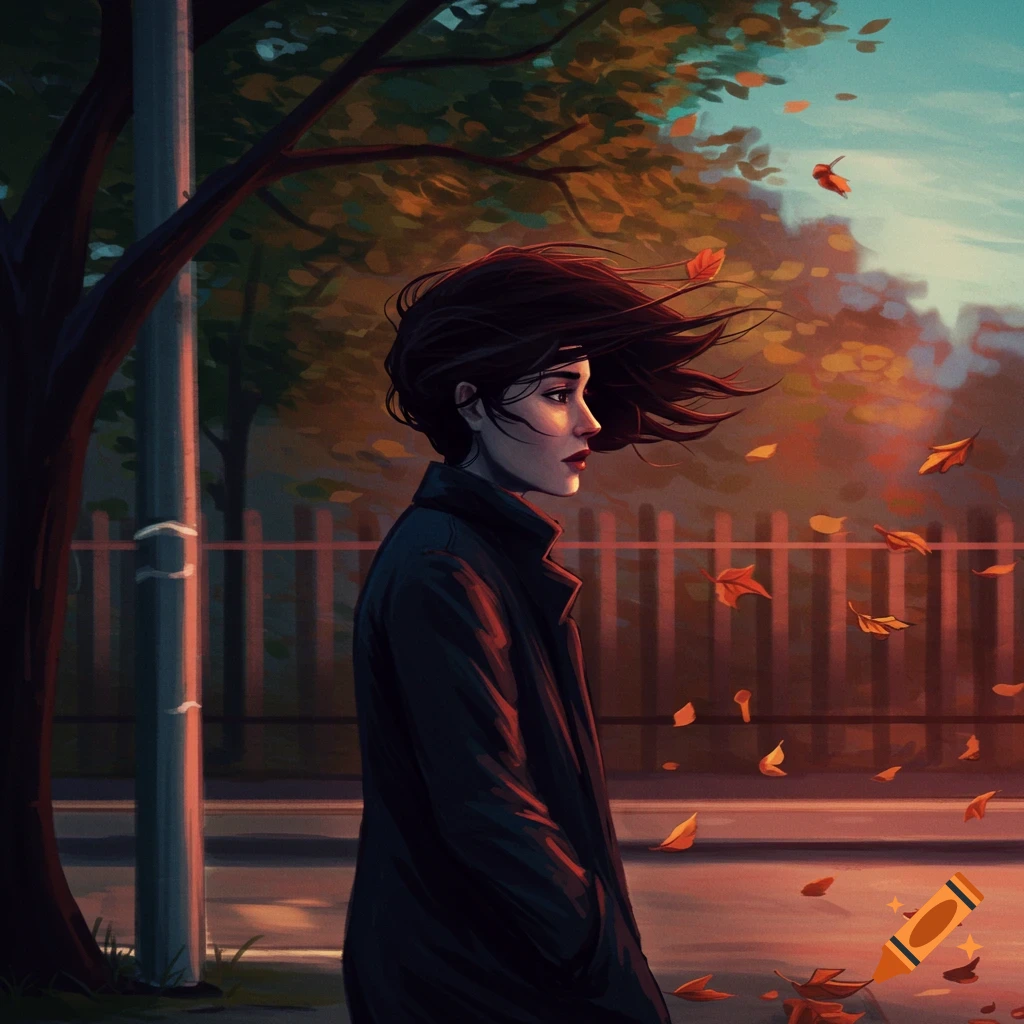 A woman in a dark coat, her hair blowing in the wind amidst falling autumn leaves in an outdoor scene.