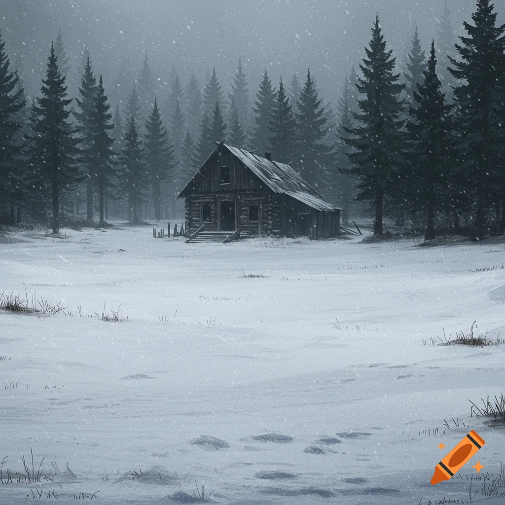 A log cabin in a snowy forest.