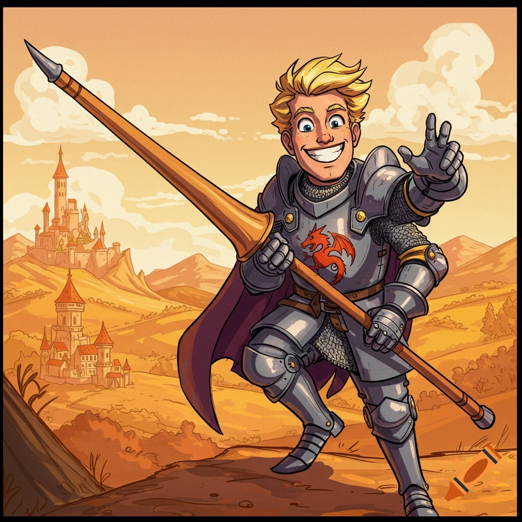 Cartoon illustration of a smiling knight in armor holding a lance, standing in a hilly landscape with a castle in the background.