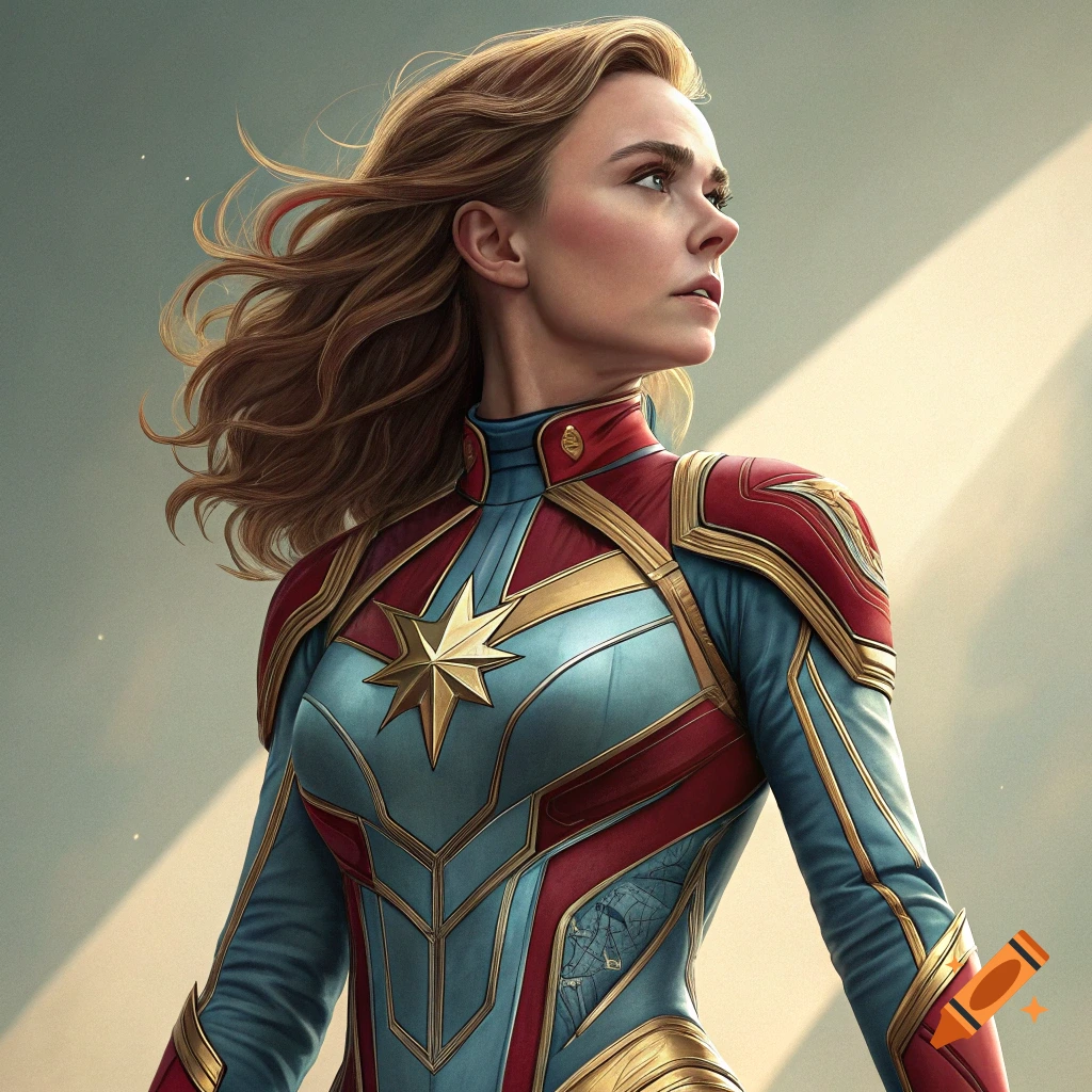 Portrait of a woman in a superhero suit with windblown hair
