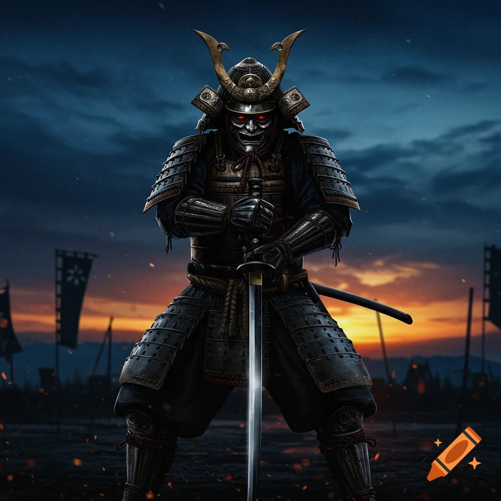 An armored samurai stands with a sword at sunset on a battlefield.