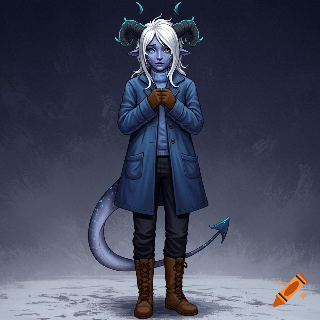 A blue-skinned fantasy character with horns, white hair, and one blue eye and one gray eye wears a blue coat and looks shy or sad.