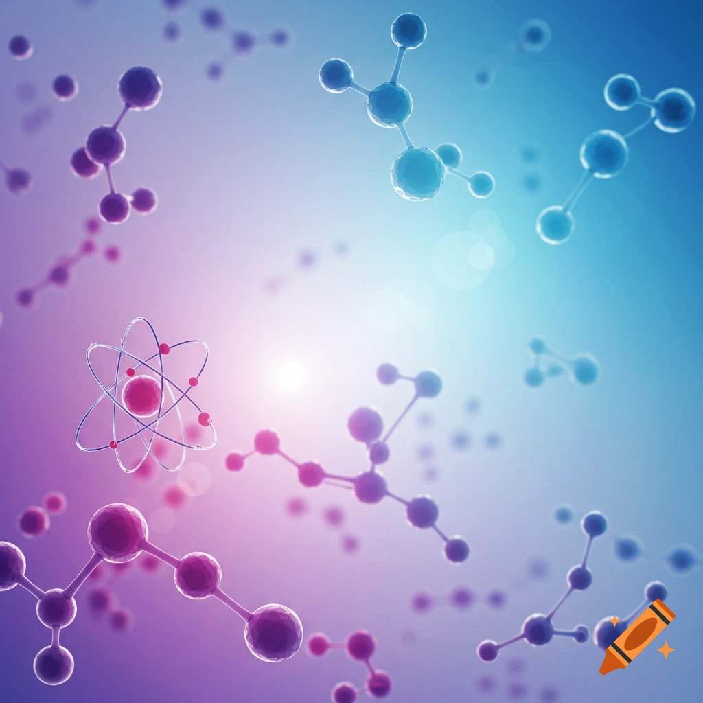 Abstract illustration of chemical bonds and an atom on a blue and purple background.