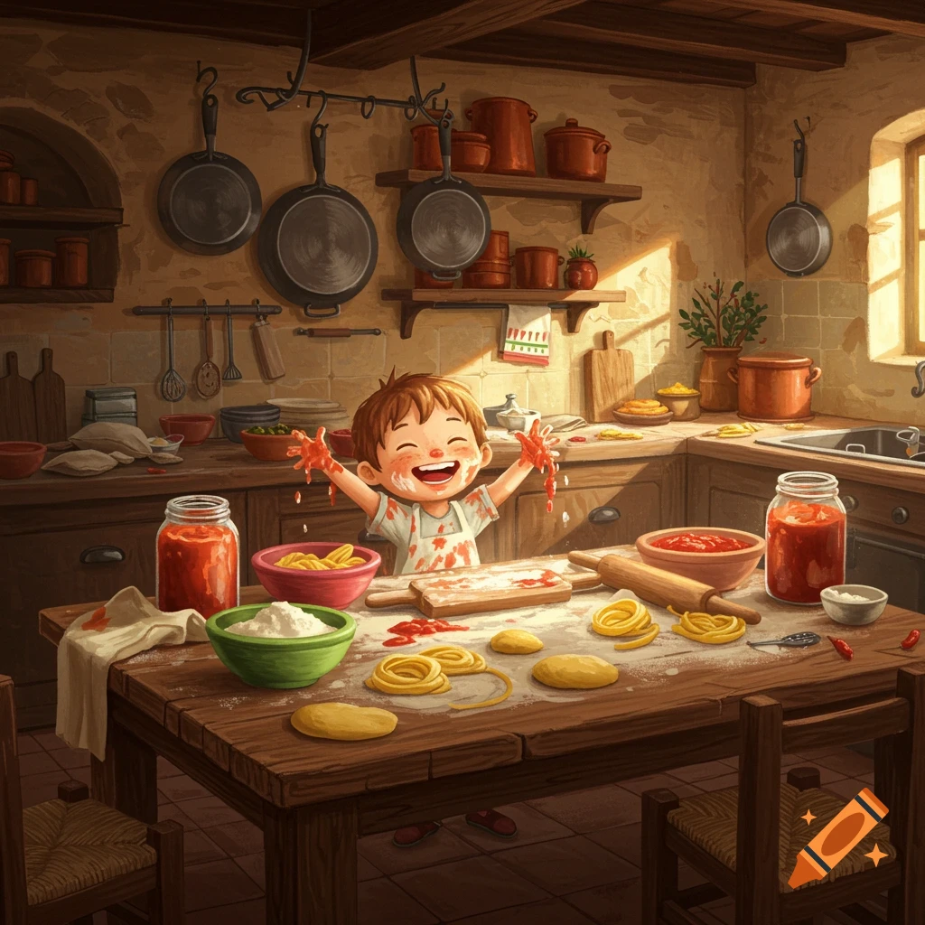 Happy child covered in sauce and flour making pasta in a rustic kitchen.