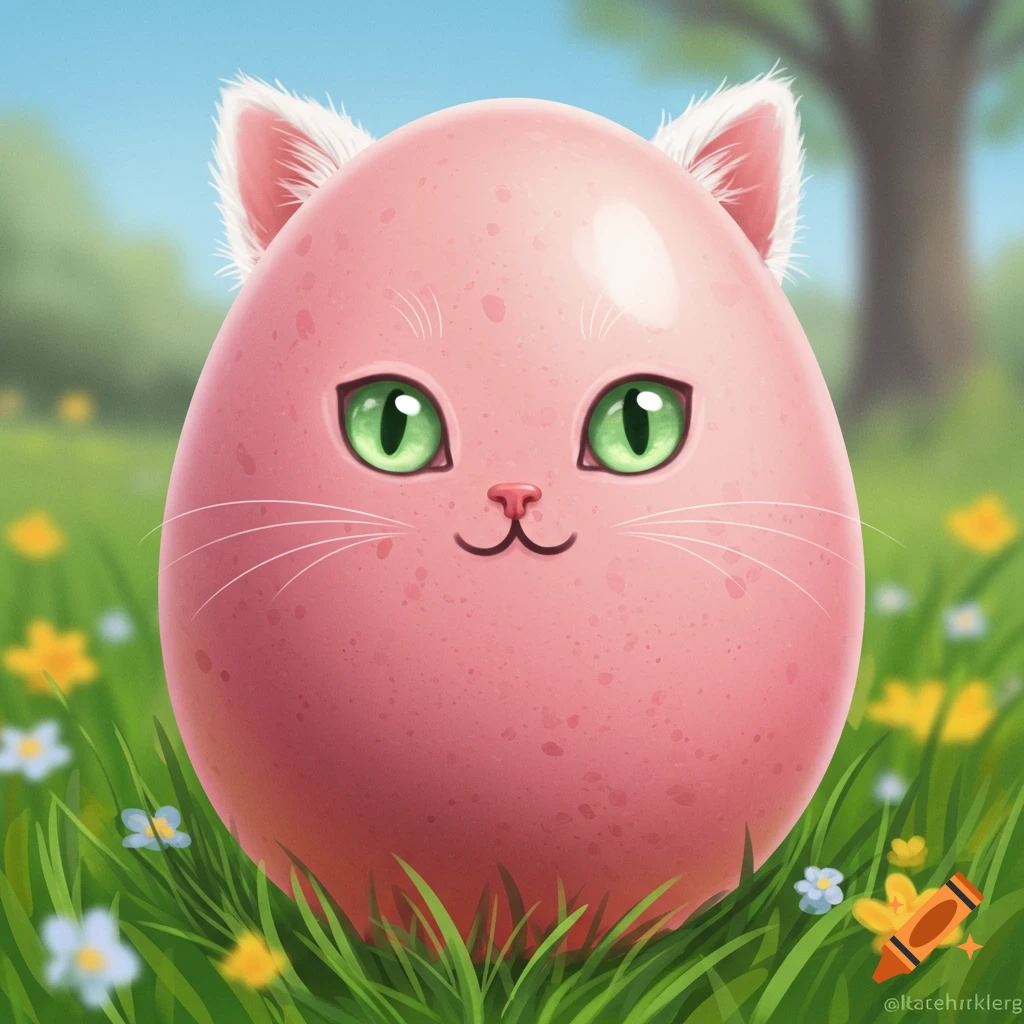 A pink Easter egg with a cat face sits in the grass among flowers.