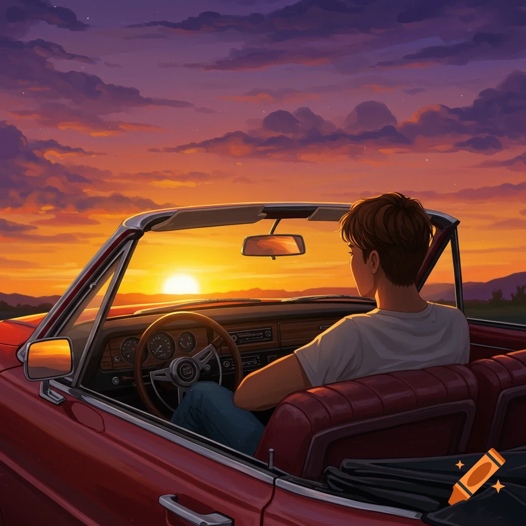 A person drives a red convertible into a vibrant sunset.