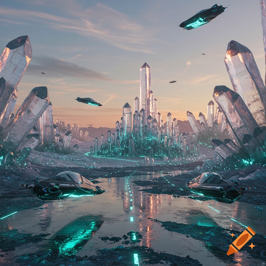 Futuristic crystal city with glowing structures, flying vehicles, and reflecting water at sunset