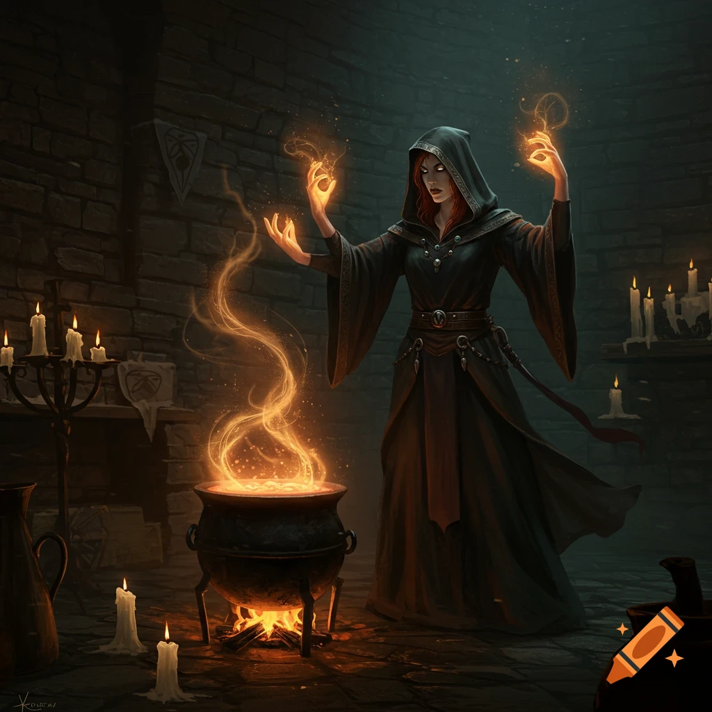 A mysterious woman in dark robes performs a ritual with a glowing cauldron and lit candles in a dark room.