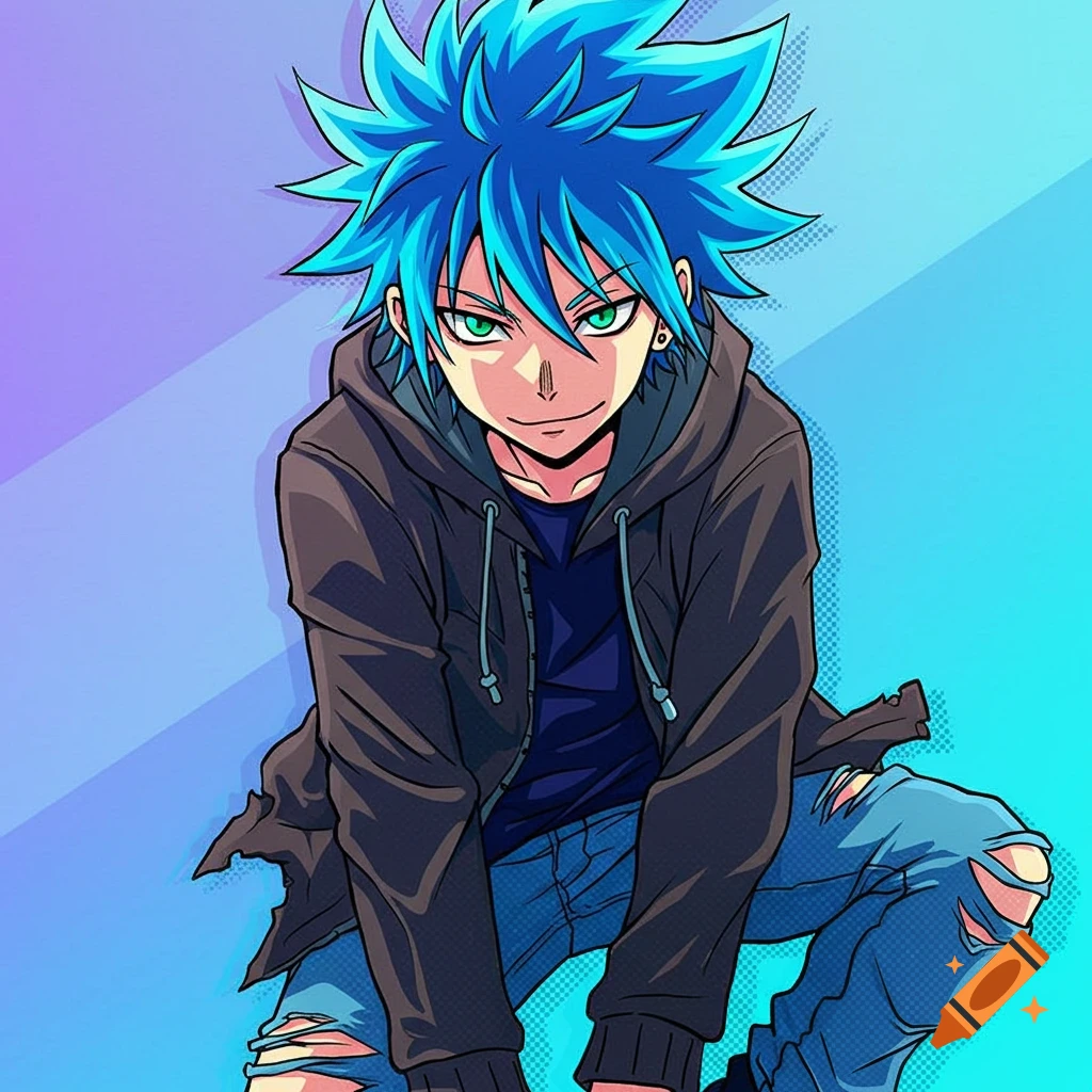 Anime boy with blue spiky hair and green eyes, wearing a dark jacket and ripped jeans, crouching.