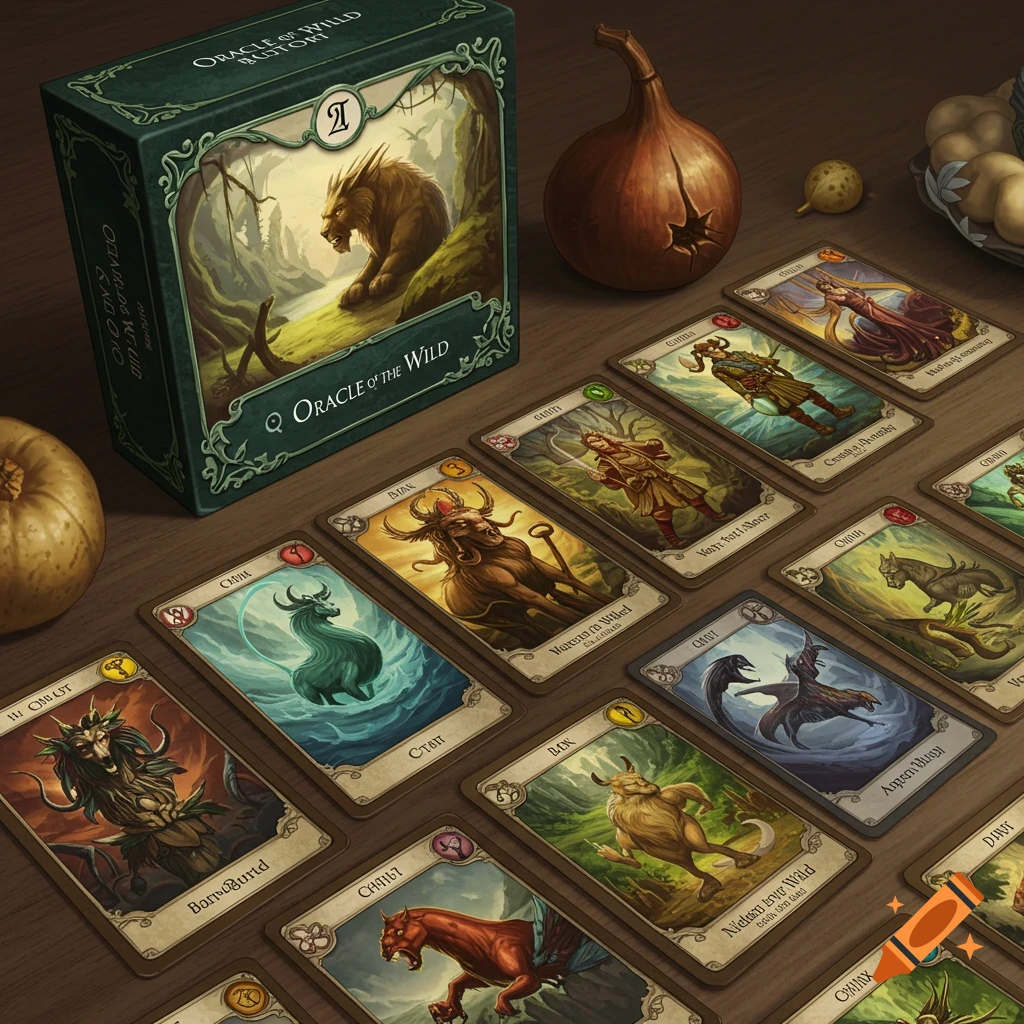 Fantasy oracle cards, their box, and vegetables are on a table.
