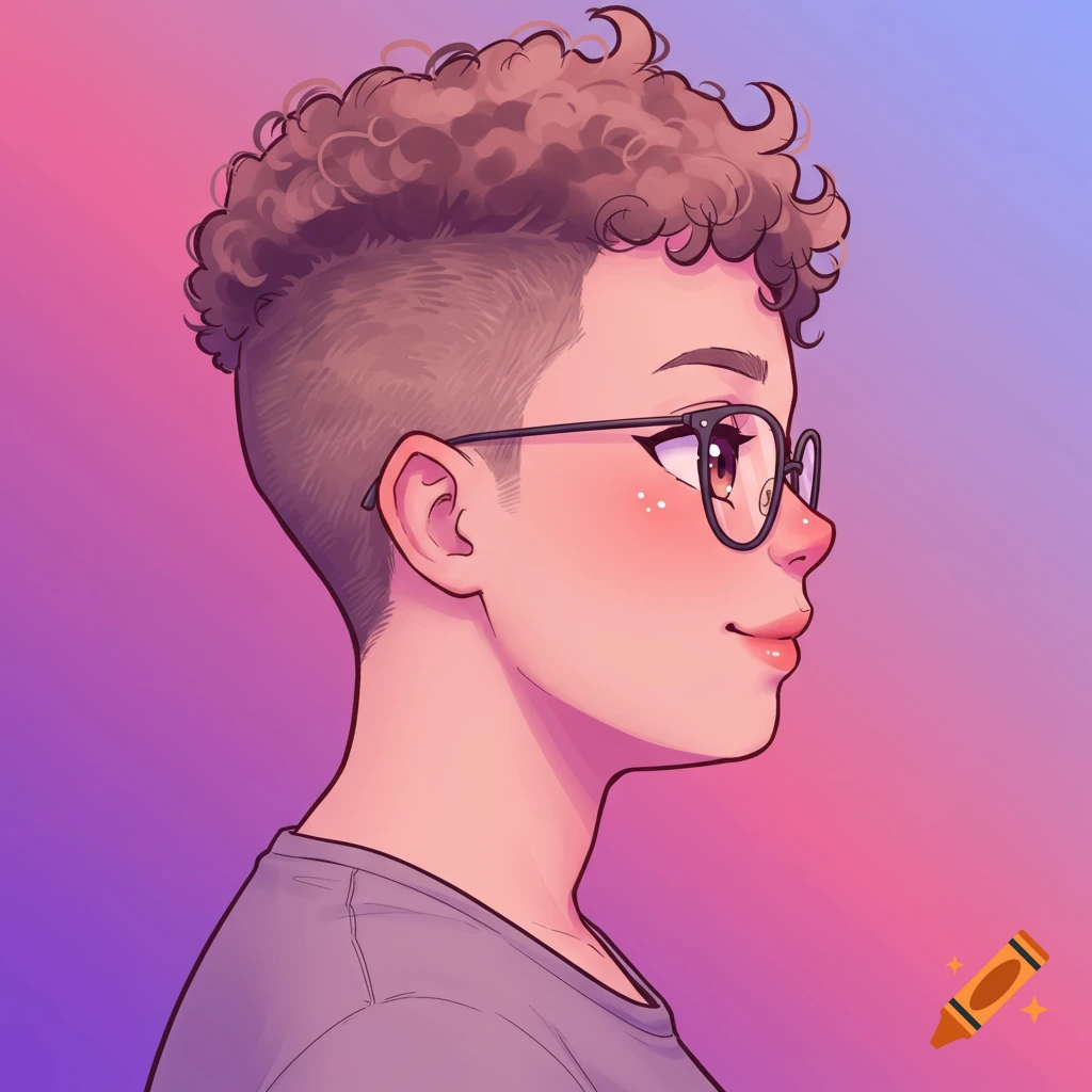 Anime style portrait of a person with short curly hair, shaved sides, freckles, and glasses, looking right.