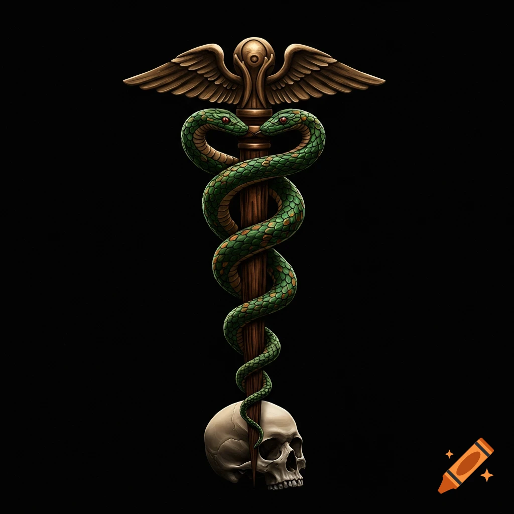 A wooden staff with two green snakes wrapped around it, bronze wings, and a human skull at the base.