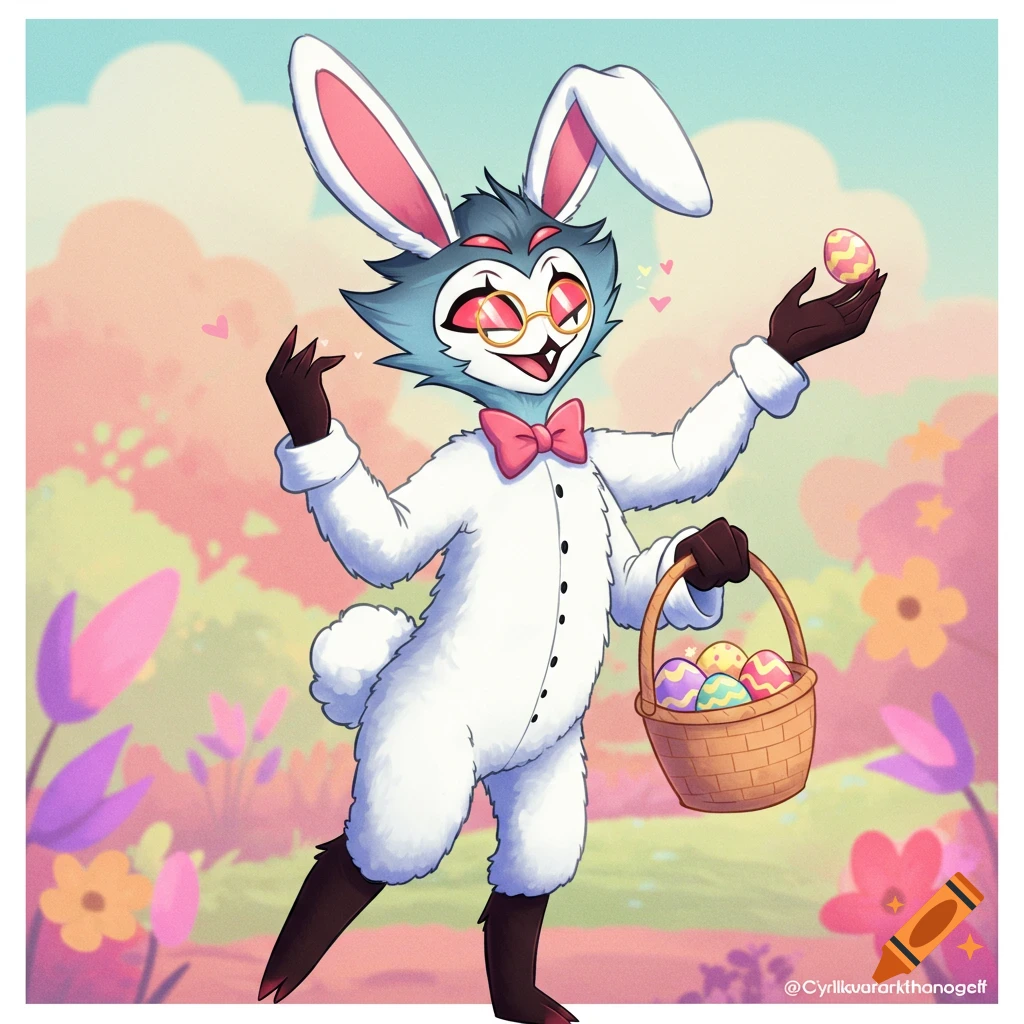 Cartoon character in a white bunny suit holding an Easter egg and a basket in a spring field.